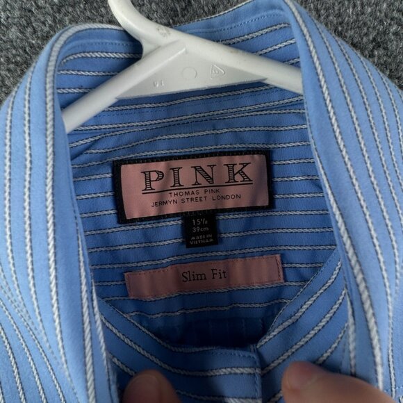 Thomas Pink Long Sleeve Button Up Shirt Men Cotton Striped Blue 15.5 Slim Fit - Picture 7 of 13